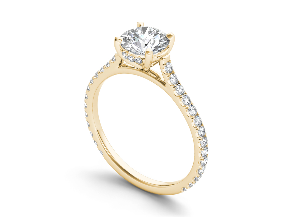 Gold ring with round lab-grown diamond, slim pavé band, and elegant cathedral setting. – Yellow Gold