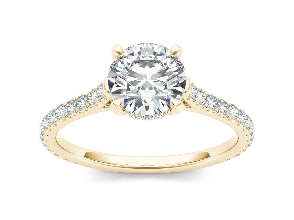 Gold ring with round lab-grown diamond, slim pavé band, and elegant cathedral setting.