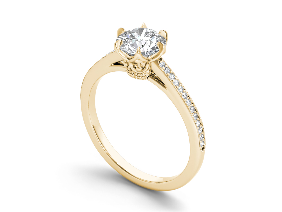 Gold cathedral ring with round lab-grown diamond, pavé band, and intricate vintage-inspired gallery. – Yellow Gold