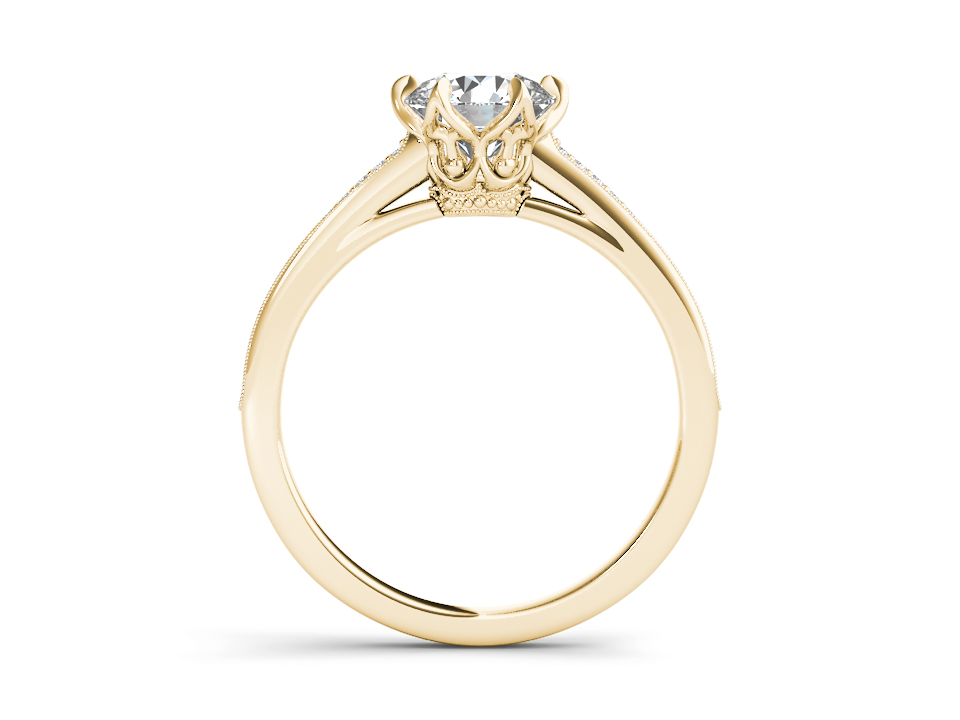Gold cathedral ring with round lab-grown diamond, pavé band, and intricate vintage-inspired gallery. – Yellow Gold