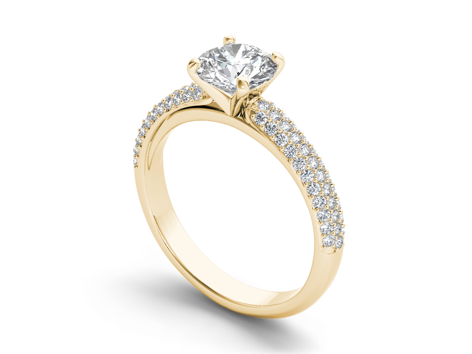 Gold split shank ring with round lab-grown diamond and double pavé-set band. – Yellow Gold