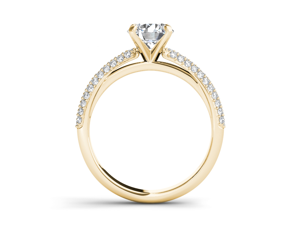 Gold split shank ring with round lab-grown diamond and double pavé-set band. – Yellow Gold